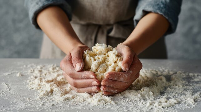 Hands shape cookie dough on a floured surface in a cozy winter baking scene