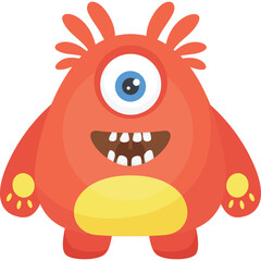 Cute Red Cartoon Monster With One Eye and Yellow Belly Standing On Transparent Background