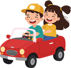 Kids driving red toy car enjoying leisure playtime with happy expressions and casual clothing 