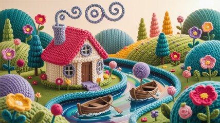 Obraz premium A knitted house with a roof of red yarn, smoke curling from the chimney. A river flows past the house, and two boats are moving forward. In the background are mounds of fluffy green yarn and flowers.