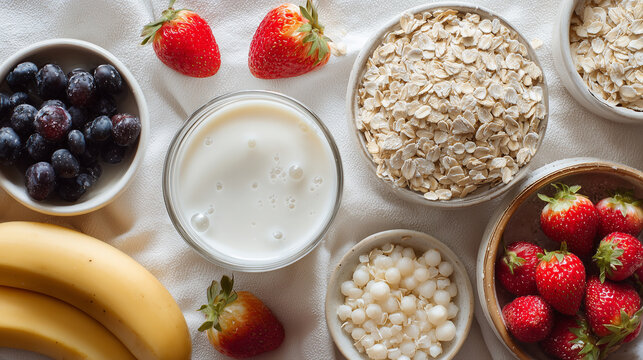 Fresh breakfast ingredients including oats, milk, berries, bananas, and strawberries arranged on a light surface for a healthy morning setup.