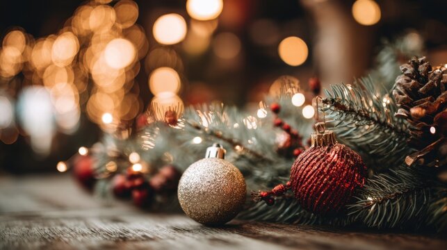 A Christmas tree with a gold and red ornament on it. The gold ornament is on the left and the red one is on the right