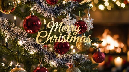 Animated Merry Christmas greeting text over a decorated tree. Festive vertical video with ornaments and a cozy fireplace background for social media stories