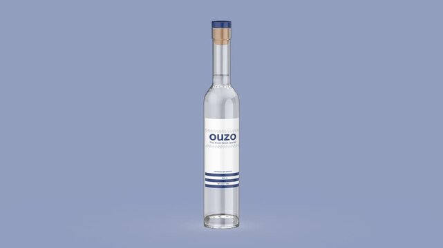 Bottle of the traditional Greek drink Ouzo on light blue background
