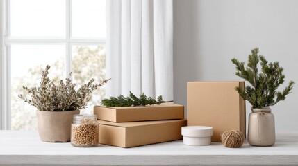 Eco packaging station with minimalistic decor and natural materials for holiday gifts