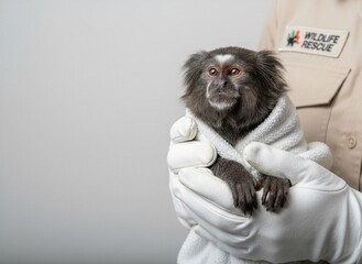 Small marmoset monkey wrapped in a white towel, gently held by a wildlife rescuer wearing white gloves and uniform, on a light gray studio background.