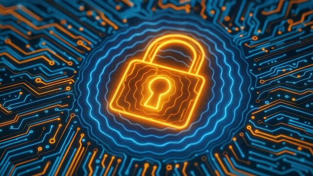An abstract digital illustration featuring a glowing padlock symbol within a circuit board pattern, representing cybersecurity. - Powered by Adobe