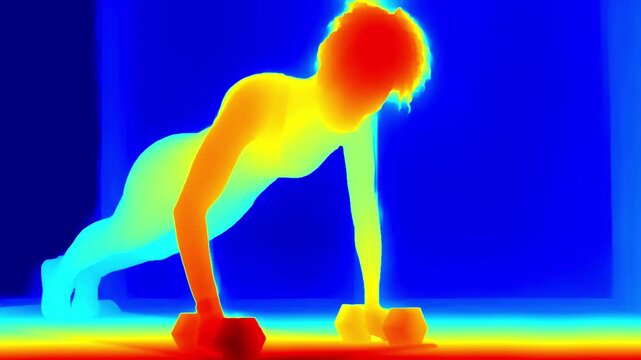 Thermal view of a person performing a push-up on dumbbells. Hot areas glow in red and yellow, highlighting body heat during intense physical activity in a controlled indoor setting.