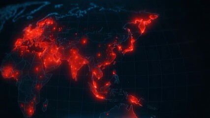 A digital world map displaying vibrant red hotspots, symbolizing significant data points and global trends in technology and science. - Powered by Adobe