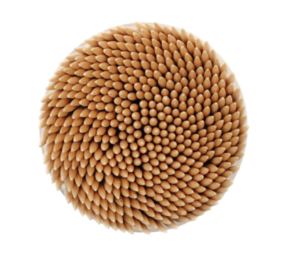 Holder with wooden toothpicks isolated on white, top view	