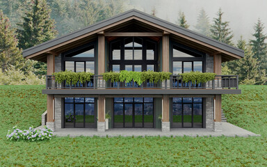 Private chalet-style house in green and stone in the mountains