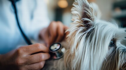 Veterinarian Conducting Health Check On Small Dog With Stethoscope In Clinic