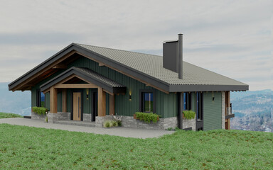 Private chalet-style house in green and stone in the mountains
