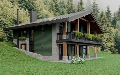 Private chalet-style house in green and stone in the mountains
