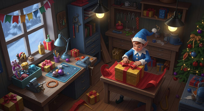 Interior scene of workshop with elf wrapping present. Represents Christmas spirit, gift-giving. Presents, Christmas tree, flags visible, festive occasion