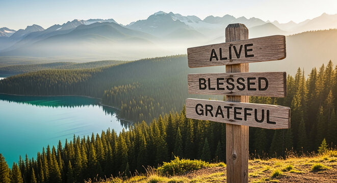 Wooden signpost with "Alive, Blessed, Grateful" text, set against a lake and mountain backdrop, representing a positive mindset and appreciation for life