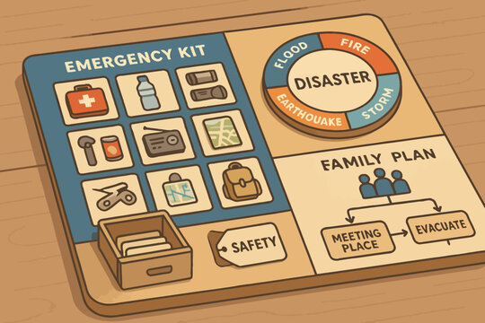 Emergency kit and family safety plan for disaster preparedness illustrated on board