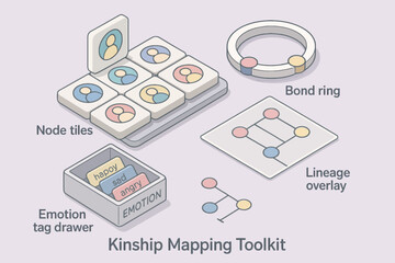 Kinship mapping toolkit with node tiles, bond ring, and emotion tag drawer