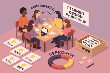 Naklejka premium Diverse women engaged in feminist design workshop with collaborative ideas