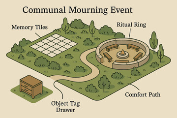 Communal mourning event layout with ritual ring and memory tiles