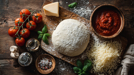 Pizza ingredients arranged on a rustic wooden table including dough, tomato sauce, cherry tomatoes, cheese, basil, garlic, oil, and seasonings.