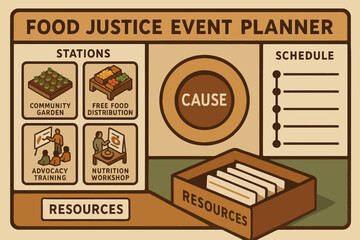 Food justice event planner with community garden and nutrition workshop