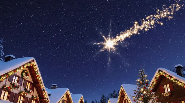 Animated Christmas village at night with falling snow. A magical shooting star streaks across the starry sky. Festive holiday greeting and nativity concept for vertical format