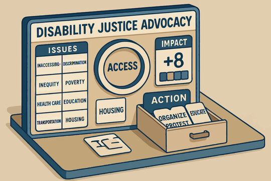 Disability justice advocacy board highlighting issues and actions