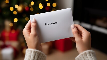 Woman holding Christmas envelope from Santa in front of festive tree with lights and gifts