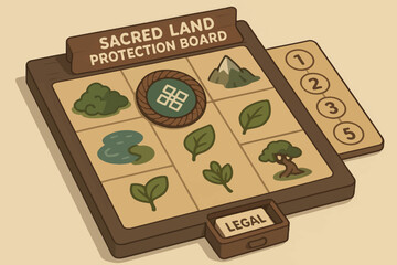 Sacred land protection board with nature icons and legal tab