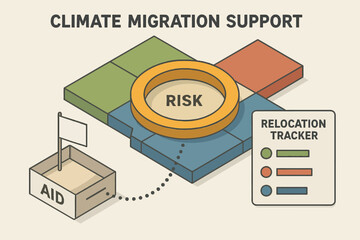 Climate migration support concept with risk and relocation graphics