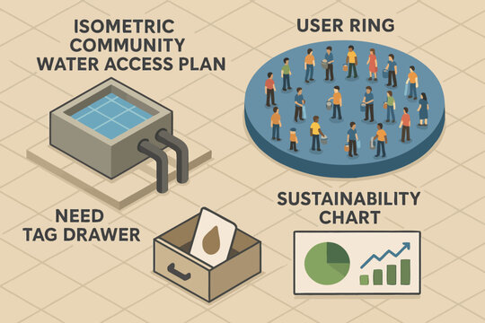Isometric community water access plan with user ring and sustainability chart visualization