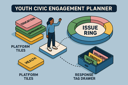 Youth civic engagement planner with illustrated platform tiles and response tag drawer
