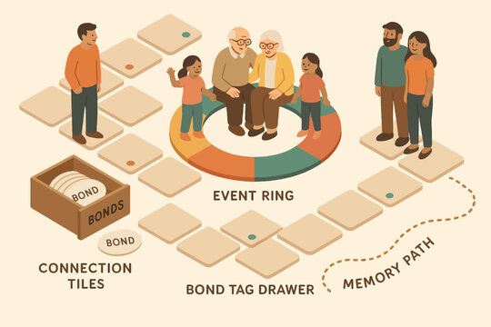 Family board game with diverse characters on event ring and memory path