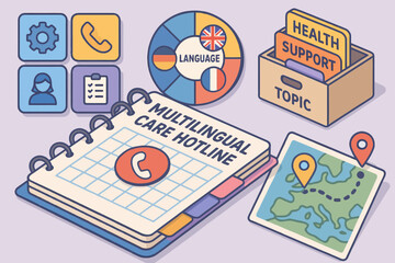 Multilingual care hotline and support system with language options and assistance topics