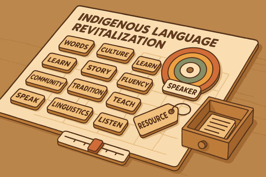 Indigenous language revitalization concept with words and symbols on wooden table