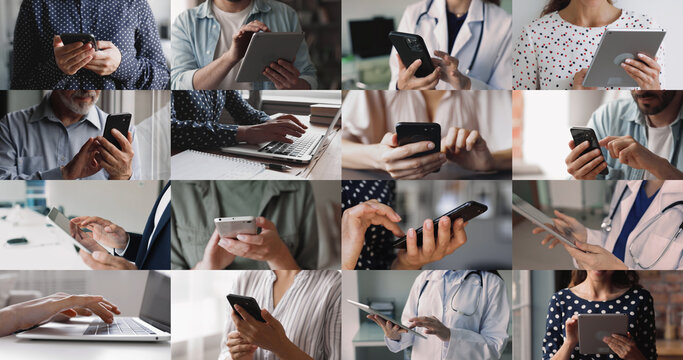 Changing multiple collage view different people using diverse devices, closeup