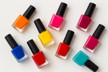 Obraz premium Multiple bright nail polish bottles in vivid shades like red, yellow, blue, and pink, arranged flat lay style on a white background. Concept of beauty and cosmetics