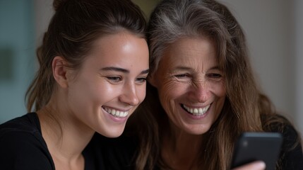 Smiling older and younger woman looking at smartphone together sharing joyful moment indoors
