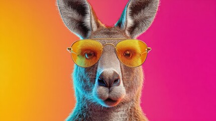 Obraz premium A cartoon kangaroo wearing sunglasses and a hat. The kangaroo is wearing a pair of sunglasses and a hat, giving it a cool and stylish appearance