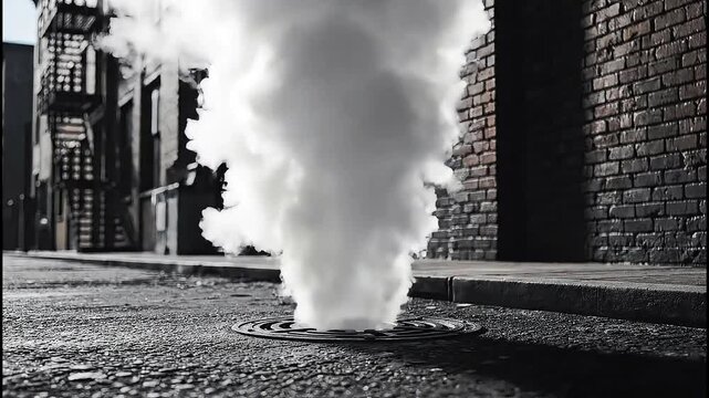 Thick white steam rises from a grimy city manhole in an old urban alleyway