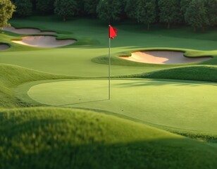 Well maintained green golf course, bright red flag marks hole. Manicured putting green, fairways, sand bunkers, sculpted hills create beautiful landscape. Distant forest provides background.