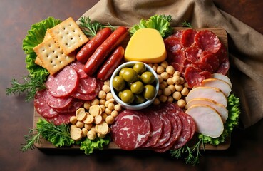 Appetizing food platter with assorted meats cheeses olives crackers. Delicious charcuterie board includes salami sausage ham, gourmet snacks. Perfect for catering food advertisement culinary content