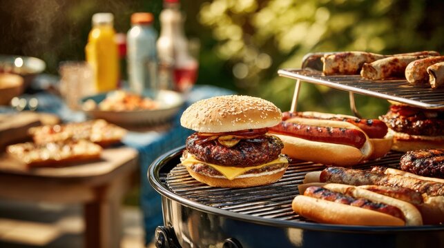 Juicy burgers and grilled hot dogs are placed on a barbecue grill surrounded by colorful drinks and various snacks on a sunny summer day.