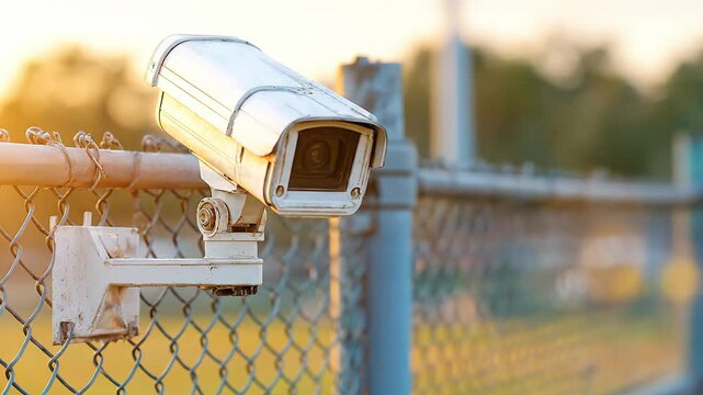 Security Camera Mounted on Chain Link Fence