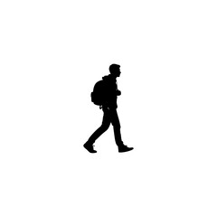 Dynamic silhouette of a traveler walking with backpack on white background, adventure awaits journey
