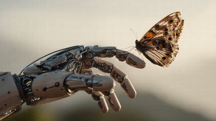 Robotic Hand Reaches Toward Delicate Butterfly in a Moment of Tech and Nature Fusion