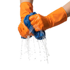 Hands wearing orange rubber gloves squeeze a blue cloth, releasing water droplets. The background is transparent, emphasizing the cleaning action.