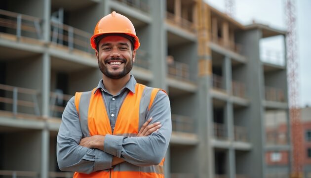 Smiling man in orange vest, hard hat stands arms crossed at construction site. Building structure behind shows floors, balconies. Wears work clothes, looks confident. Represents diversity,