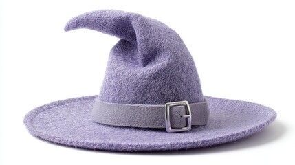 This purple witch hat features a tall pointed tip and a wide brim. It is made of felt and has a decorative belt with a buckle.